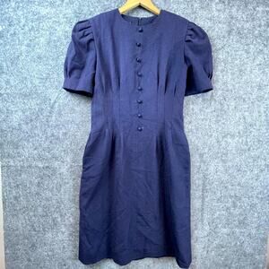 Vintage Angelica Dress Womens 10 Blue Button Front 80s Career Chic Retro